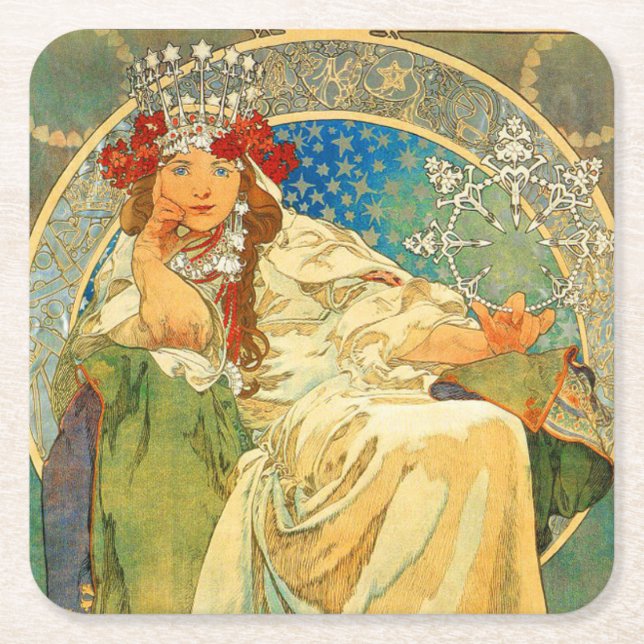 Alphonse Mucha Art Nouveau Princess Hyacinth Square Paper Coaster (Front)