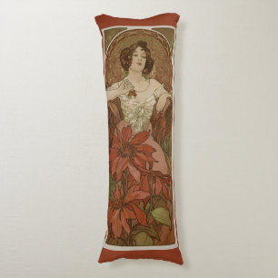 Alphonse Mucha Art Nouveau Ruby Vintage Floral Body Cushion