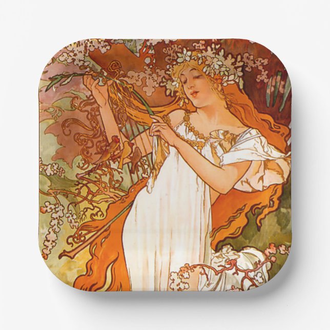 Alphonse Mucha Art Nouveau Spring Paper Plate (Front)