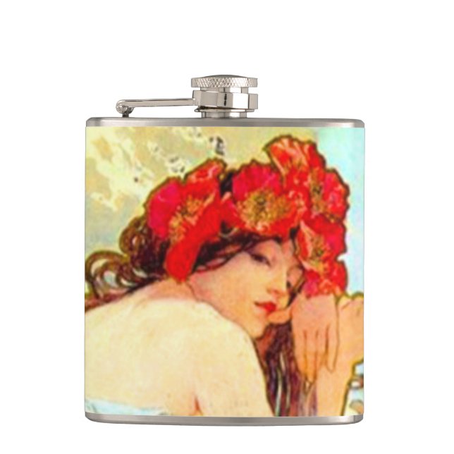 Alphonse Mucha Art Nouveau Summer Hip Flask (Front)