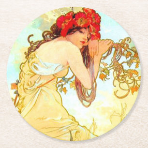 Alphonse Mucha Art Nouveau Summer Round Paper Coaster