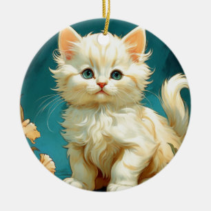 Alphonse Mucha Art Nouveau White Cat Ceramic Ornament