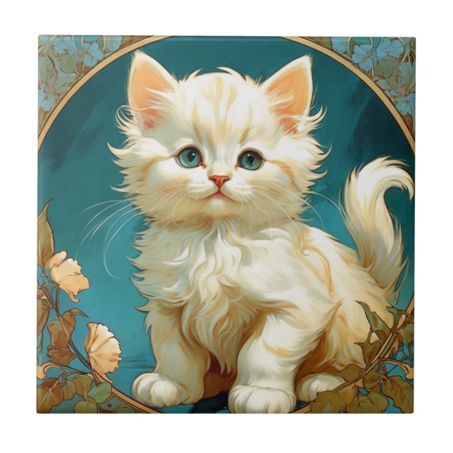 Alphonse Mucha Art Nouveau White Cat Ceramic Tile (Front)