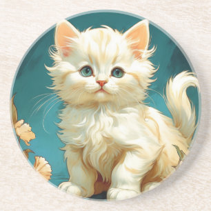 Alphonse Mucha Art Nouveau White Cat Coaster