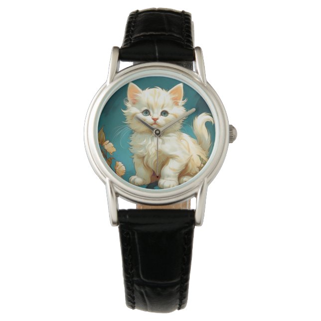 Alphonse Mucha Art Nouveau White Cat Watch (Front)