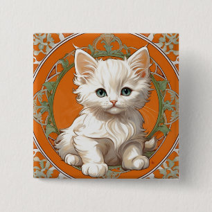 Alphonse Mucha Art Nouveau White Kitten 15 Cm Square Badge