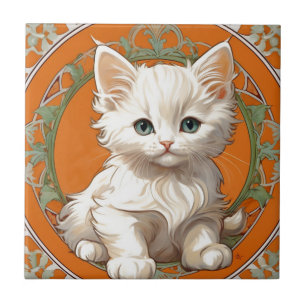 Alphonse Mucha Art Nouveau White Kitten Ceramic Tile