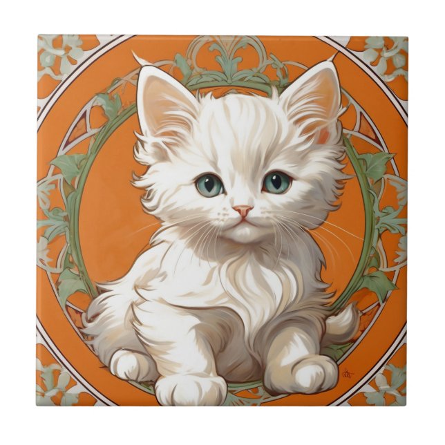 Alphonse Mucha Art Nouveau White Kitten Ceramic Tile (Front)