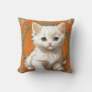 Alphonse Mucha Art Nouveau White Kitten Cushion