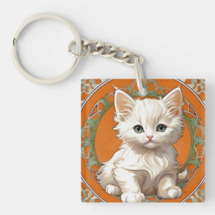 Alphonse Mucha Art Nouveau White Kitten Key Ring