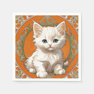 Alphonse Mucha Art Nouveau White Kitten Napkin