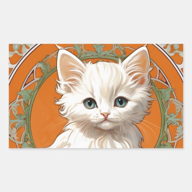Alphonse Mucha Art Nouveau White Kitten Rectangular Sticker (Front)