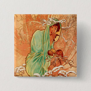 Alphonse Mucha Art Nouveau Winter 15 Cm Square Badge