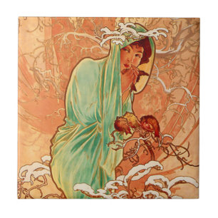 Alphonse Mucha Art Nouveau Winter Ceramic Tile