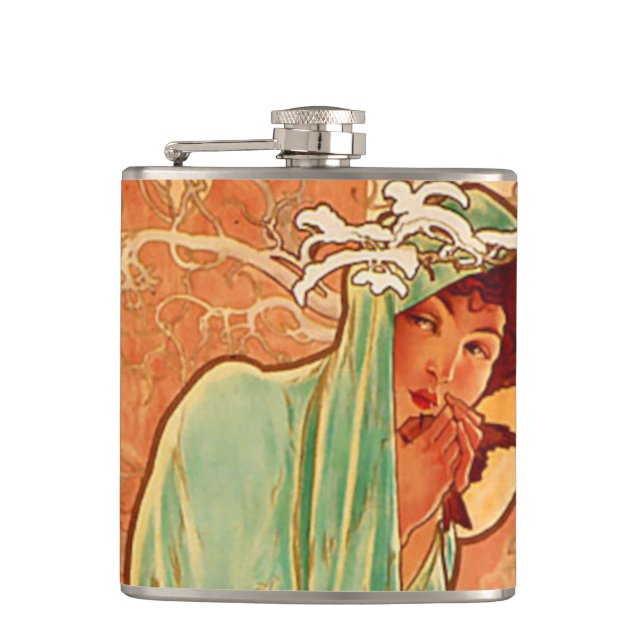 Alphonse Mucha Art Nouveau Winter Hip Flask (Front)