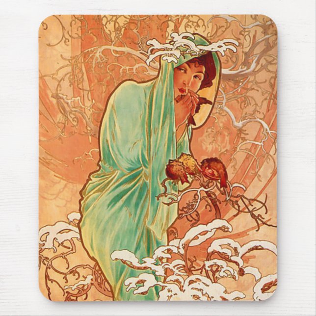 Alphonse Mucha Art Nouveau Winter Mouse Pad (Front)