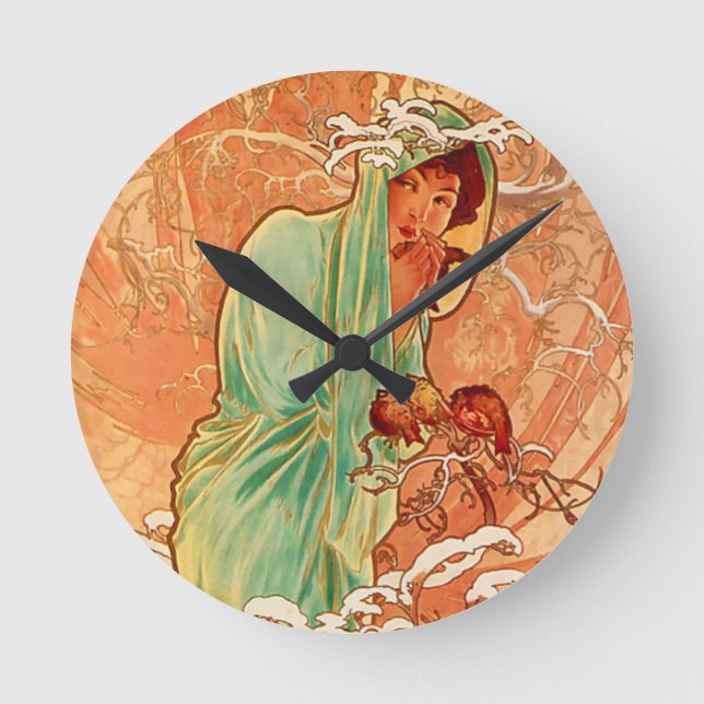 Alphonse Mucha Art Nouveau Winter Round Clock (Front)