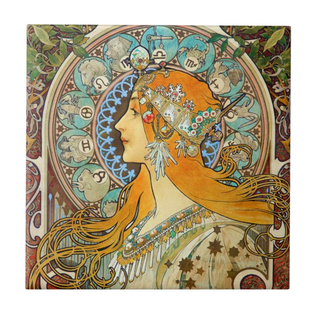 Alphonse Mucha Art Nouveau Zodiac Ceramic Tile (Front)