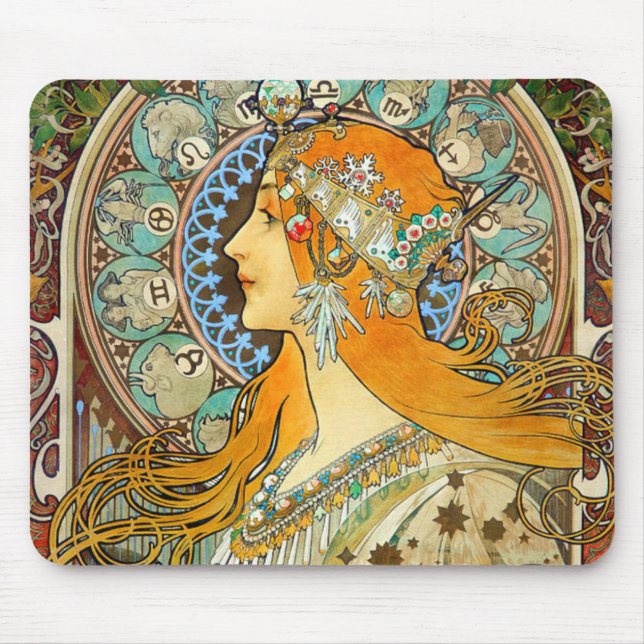 Alphonse Mucha Art Nouveau Zodiac Mouse Pad (Front)