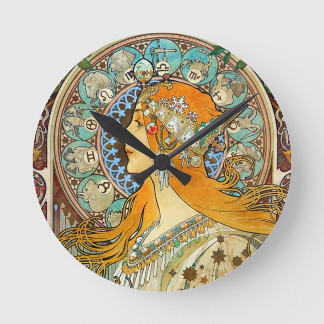 Alphonse Mucha Art Nouveau Zodiac Round Clock (Front)