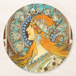 Alphonse Mucha Art Nouveau Zodiac Round Paper Coaster