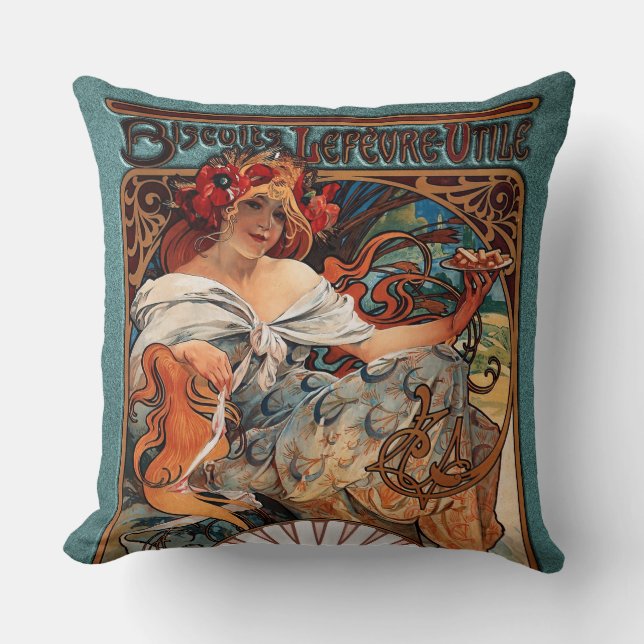 Alphonse Mucha Biscuits Lefevre-Utile Speckled Frm Cushion (Front)
