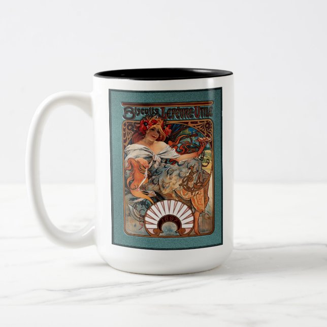 Alphonse Mucha Biscuits Lefevre-Utile Speckled Frm Two-Tone Coffee Mug (Left)