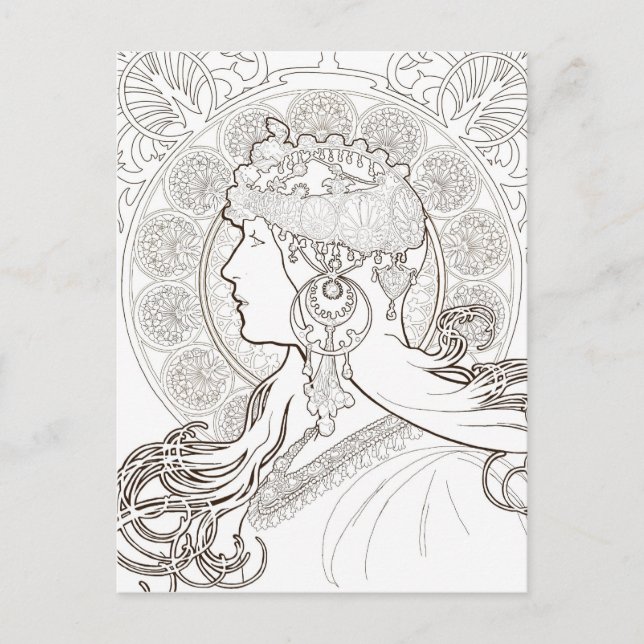 ALphonse Mucha Black and White lined drawing Postcard (Front)