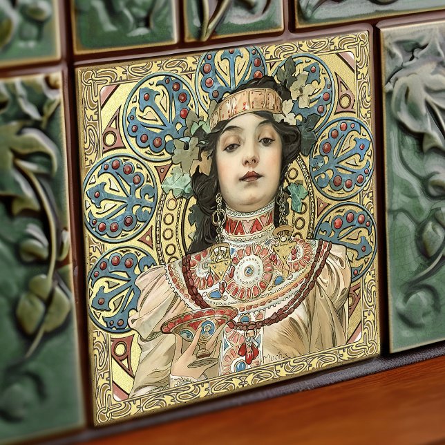 Alphonse Mucha Champagne Art Nouveau Vintage Ceramic Tile (Creator Uploaded)