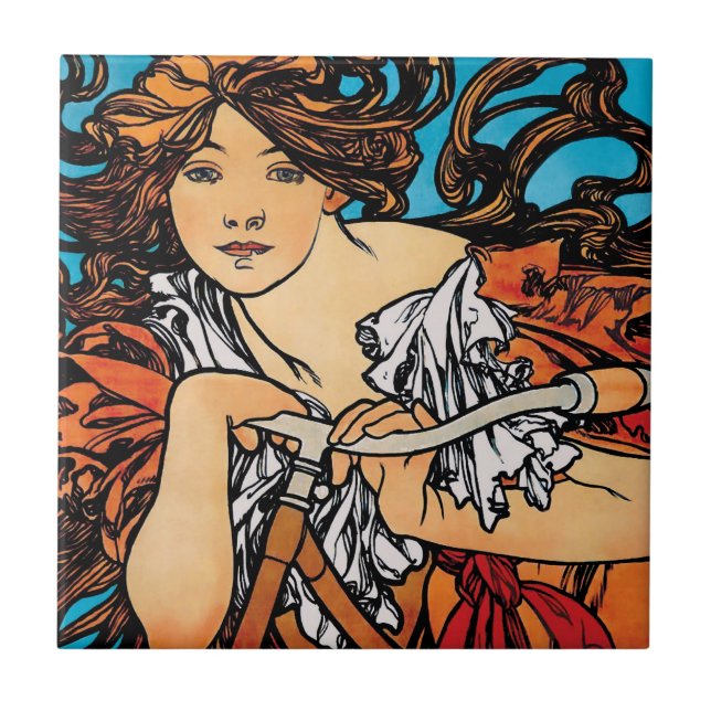 Alphonse Mucha - Cycles Perfecta Retro Art Nouveau Ceramic Tile (Front)