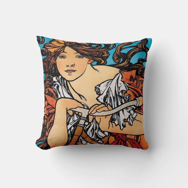 Alphonse Mucha - Cycles Perfecta Retro Art Nouveau Cushion (Front)