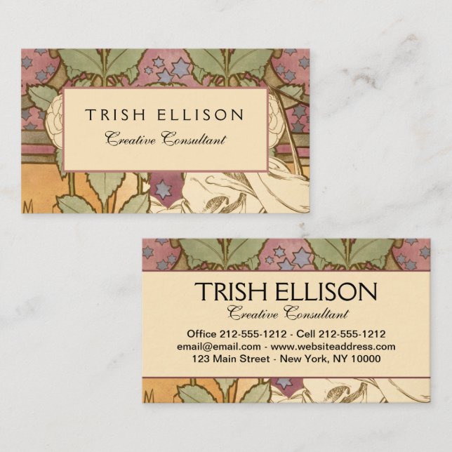 Alphonse Mucha Elegant Art Nouveau Stars Camellia  Business Card (Front/Back)