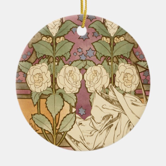 Alphonse Mucha Elegant Art Nouveau Stars Camellia  Ceramic Ornament (Front)