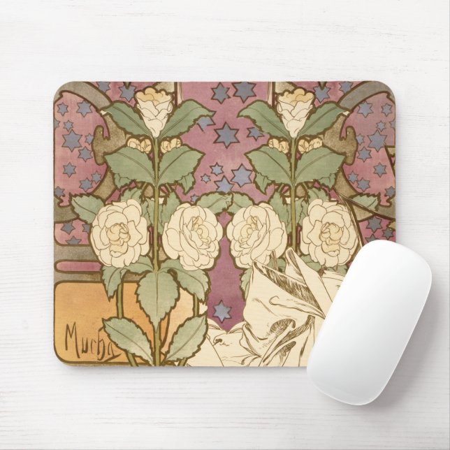 Alphonse Mucha Elegant Art Nouveau Stars Camellia  Mouse Pad (With Mouse)