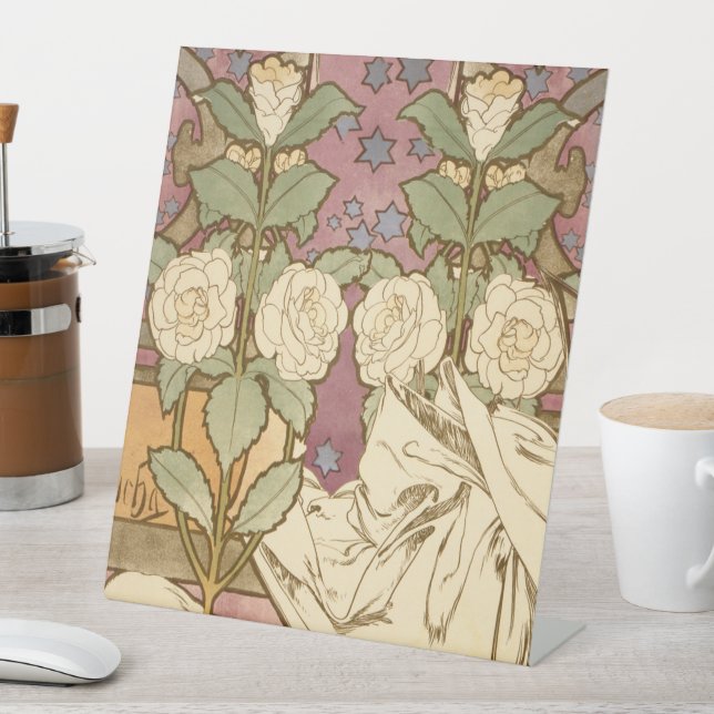 Alphonse Mucha Elegant Art Nouveau Stars Camellia  Pedestal Sign (In SItu)