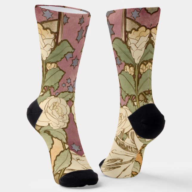 Alphonse Mucha Elegant Art Nouveau Stars Camellia  Socks (Angled)