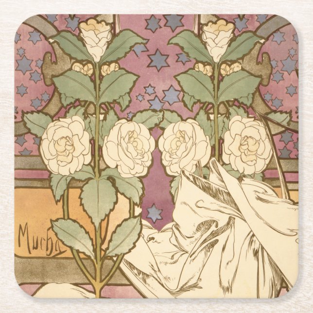 Alphonse Mucha Elegant Art Nouveau Stars Camellia  Square Paper Coaster (Front)