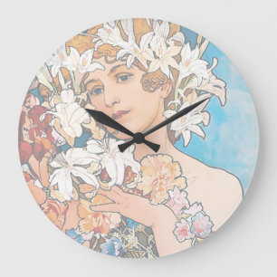 Alphonse Mucha - Flower - Retro Art Nouveau Large Clock