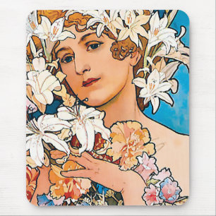 Alphonse Mucha - Flower - Retro Art Nouveau Mouse Pad