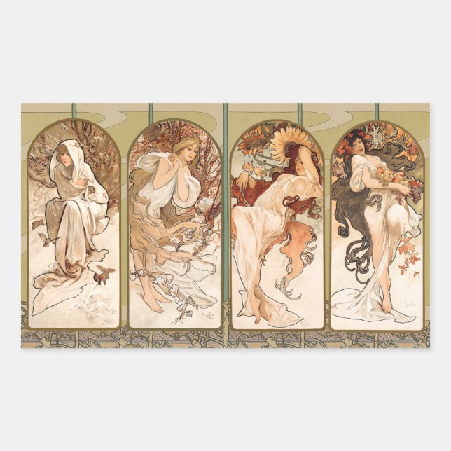 Alphonse Mucha Four Seasons 1897 Art Nouveau Panel Rectangular Sticker (Front)