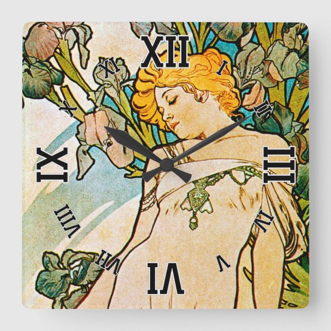 Alphonse Mucha - Iris WB Square Wall Clock (Front)