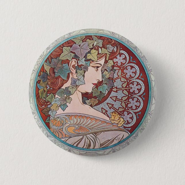 Alphonse Mucha Ivy Art Nouveau Round Button Pin (Front)