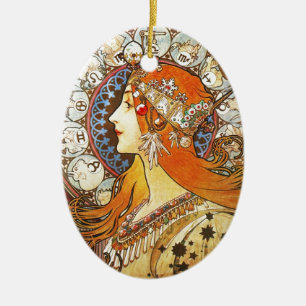 Alphonse Mucha La Plume Zodiac Art Nouveau Vintage Ceramic Ornament