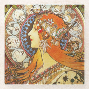 Alphonse Mucha La Plume Zodiac Art Nouveau Vintage Glass Coaster
