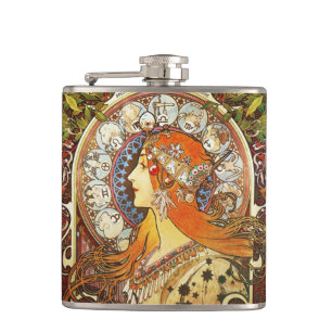 Alphonse Mucha La Plume Zodiac Art Nouveau Vintage Hip Flask