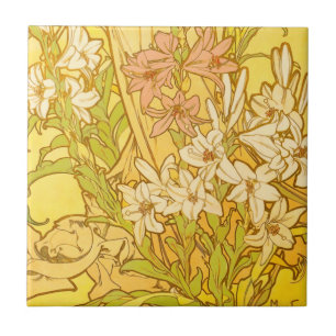 Alphonse Mucha Lily Flowers Pattern: Art Nouveau Ceramic Tile
