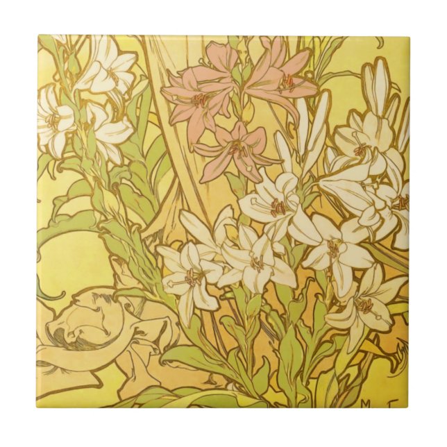Alphonse Mucha Lily Flowers Pattern: Art Nouveau  Ceramic Tile (Front)