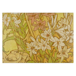Alphonse Mucha Lily Flowers Pattern: Art Nouveau Cutting Board