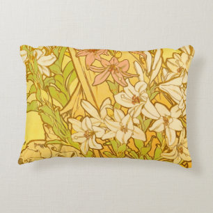 Alphonse Mucha Lily Flowers Pattern: Art Nouveau Decorative Cushion