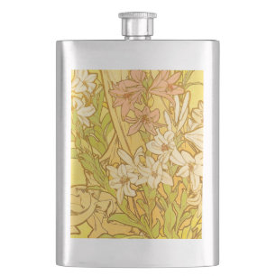 Alphonse Mucha Lily Flowers Pattern: Art Nouveau Hip Flask